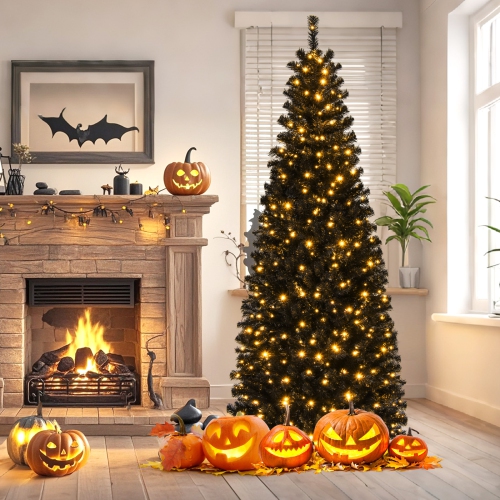 Happygrill 6ft Pre-lit Christmas Halloween Tree Hinged Artificial Pencil Tree w/ 618 PVC Branch Tips & 300 Warm White Lights