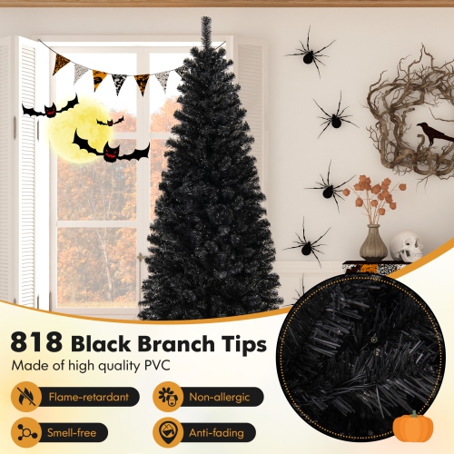 Happygrill 6ft Pre-lit Christmas Halloween Tree Hinged Artificial Pencil Tree w/ 618 PVC Branch Tips & 300 Warm White Lights