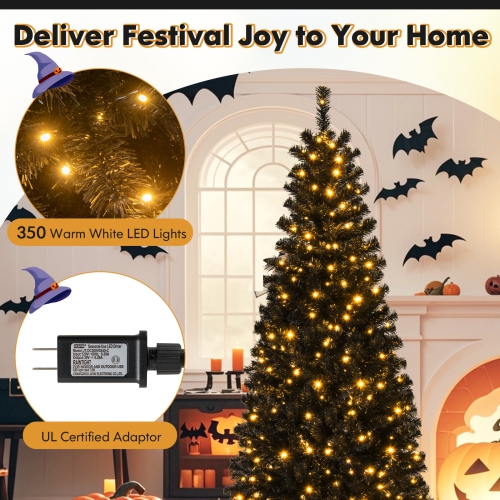 Happygrill 6ft Pre-lit Christmas Halloween Tree Hinged Artificial Pencil Tree w/ 618 PVC Branch Tips & 300 Warm White Lights