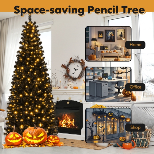 Happygrill 6ft Pre-lit Christmas Halloween Tree Hinged Artificial Pencil Tree w/ 618 PVC Branch Tips & 300 Warm White Lights