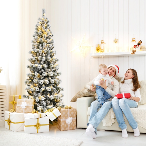 Happygrill 8FT Pre-lit Snow Flocked Christmas Pine Tree, Hinged Artificial Xmas Tree W/ 350 Remote-controlled Multi-Color Lights