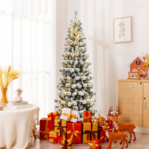 Happygrill 8FT Pre-lit Snow Flocked Christmas Pine Tree, Hinged Artificial Xmas Tree W/ 350 Remote-controlled Multi-Color Lights