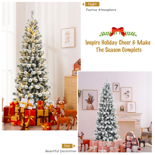 Happygrill 8FT Pre-lit Snow Flocked Christmas Pine Tree, Hinged Artificial Xmas Tree W/ 350 Remote-controlled Multi-Color Lights