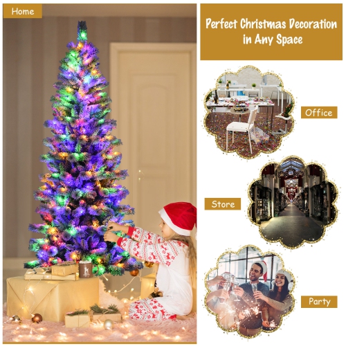 Happygrill 8FT Pre-lit Snow Flocked Christmas Pine Tree, Hinged Artificial Xmas Tree W/ 350 Remote-controlled Multi-Color Lights