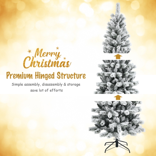 Happygrill 8FT Pre-lit Snow Flocked Christmas Pine Tree, Hinged Artificial Xmas Tree W/ 350 Remote-controlled Multi-Color Lights