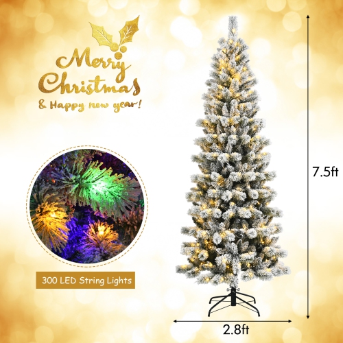 Happygrill 8FT Pre-lit Snow Flocked Christmas Pine Tree, Hinged Artificial Xmas Tree W/ 350 Remote-controlled Multi-Color Lights