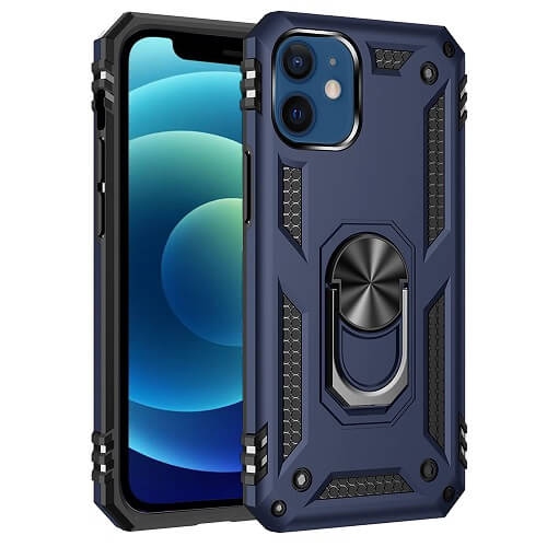 For Apple iPhone 12 Navy Blue Military Grade 360 Degree Rotating Metal Magnetic Ring Car Mount Holder Kickstand Shockproof Heavy Duty Cover
