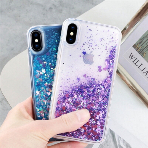 For Apple iPhone X Blue Clear Shockproof Heavy Case Liquid Glitter Cover
