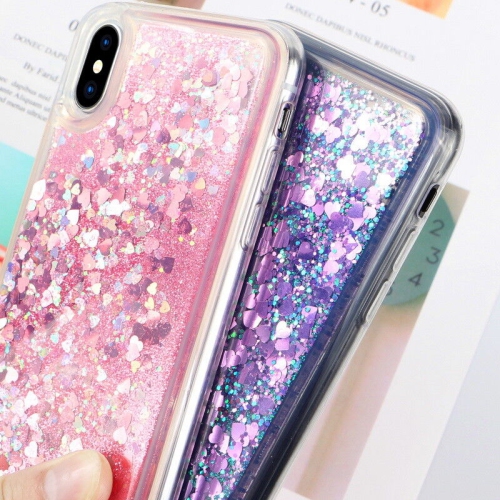 For Apple iPhone XS Pink Clear Shockproof Heavy Case Liquid Glitter Cover