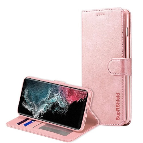 Samsung Galaxy S22 Ultra 5G Case Rose Gold SupRShield Wallet Leather Case Card Holder Flip Protective Shockproof Magnetic Cover