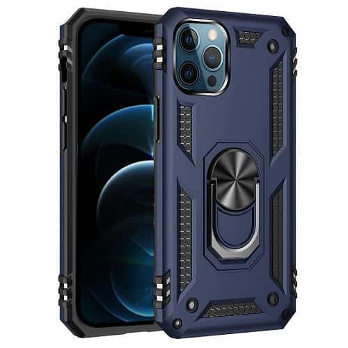 For Apple iPhone 12 Pro Max Navy Blue Military Grade 360 Degree Rotating Metal Magnetic Ring Car Mount Holder Kickstand Shockproof Heavy Duty Cover