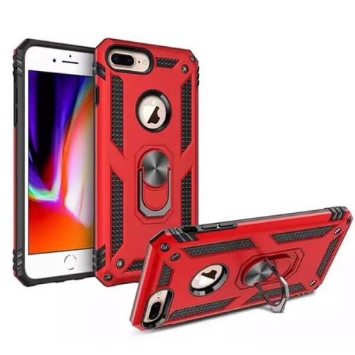 For Apple iPhone 8 Plus Red Military Grade Degree Rotating Metal Magnetic Ring Car Mount Holder Kickstand Shockproof Heavy Duty Cover