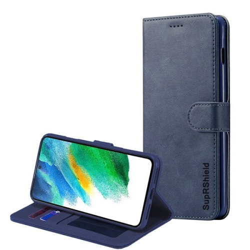 Étui en cuir SuprShield pour Galaxy S21 FE de Samsung bleu marine avec porte-cartes et étui protecteur magnétique rabattable