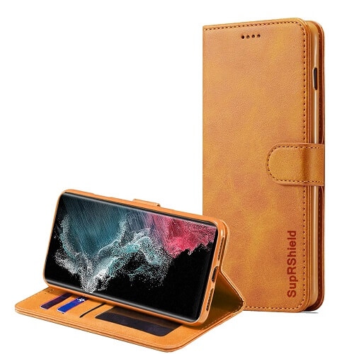 Samsung Galaxy S22 Ultra 5G Case Brown SupRShield Wallet Leather Case Card Holder Flip Protective Shockproof Magnetic Cover