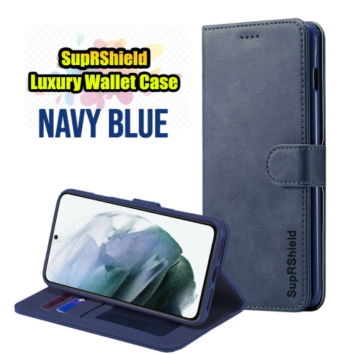 Étui en cuir SuprShield pour Galaxy S21 Ultra 5G de Samsung bleu marine étui-portefeuille en cuir avec porte-carte rabattable protecteur antichoc