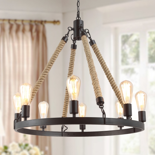 Rustic 8-Light Farmhouse Wagon Wheel Chandelier with Hemp Rope