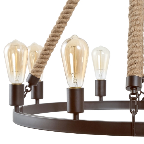 Rustic 8-Light Farmhouse Wagon Wheel Chandelier with Hemp Rope
