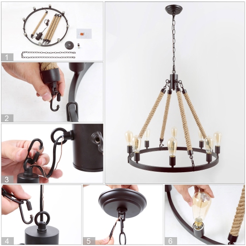 Rustic 8-Light Farmhouse Wagon Wheel Chandelier with Hemp Rope