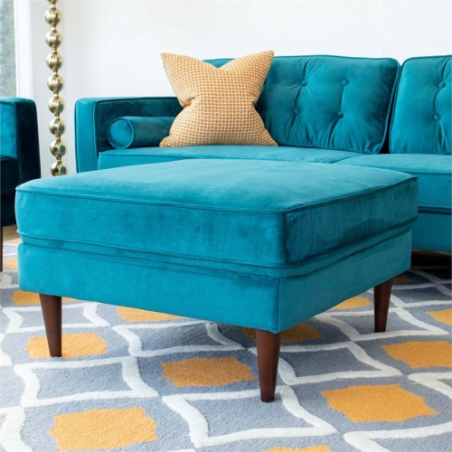 ASHCROFT Hudson Mid-Century Modern Square Velvet Ottoman In Teal