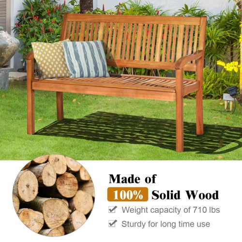 Two Person Solid Wood Garden Bench with Curved Backrest and Wide Armrest