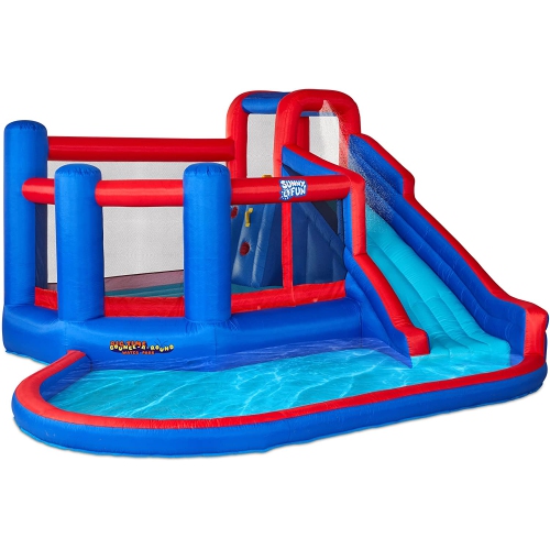 Sunny & Fun Big Time Bounce-A-Round Inflatable Water Slide Park – Heavy-Duty for Outdoor Fun - Climbing Wall, Slide & Splash Pool – Easy to Set Up &
