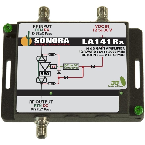 Sonora Design LA141RX-T Outdoor 54 to 3000 MHz Line Powered Amplifier w/ Foward Gain & Passive Sub-Band w/ Power Supply