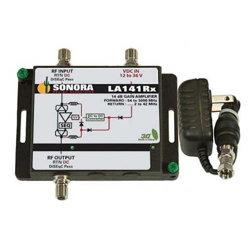 Sonora Design LA141RX-T Outdoor 54 to 3000 MHz Line Powered Amplifier w/ Foward Gain & Passive Sub-Band w/ Power Supply