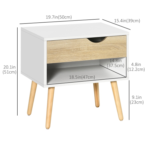 HOMCOM Set of 2 Bedside Table with Drawer and Shelf, Modern Nightstand with Wooden Legs, End Table for Bedroom, White