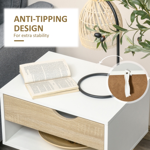 HOMCOM Set of 2 Bedside Table with Drawer and Shelf, Modern Nightstand with Wooden Legs, End Table for Bedroom, White