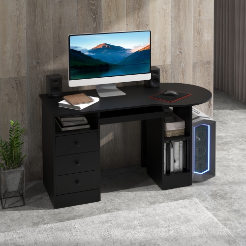 HOMCOM Computer Desk with Drawers, Home Office Desk with Keyboard Tray and Open Shelves, Modern Writing Workstation for Study, Bedroom, Black