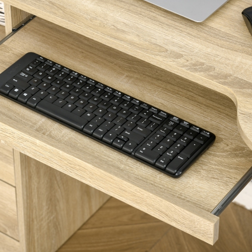 HOMCOM Computer Desk with Drawers, Home Office Desk with Keyboard Tray and Open Shelves, Modern Writing Workstation for Study, Bedroom, Natural