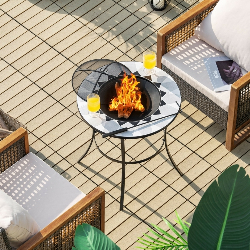 Gymax 23.5'' Round Fire Pit Table Wood Burning Heater W/ Mesh Cover & Fire Poker