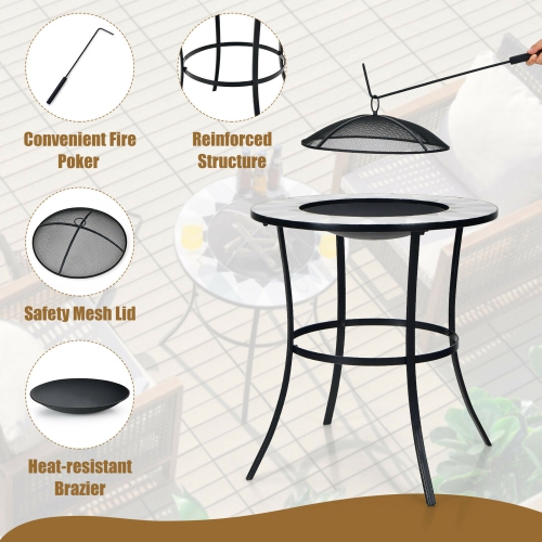 Gymax 23.5'' Round Fire Pit Table Wood Burning Heater W/ Mesh Cover & Fire Poker