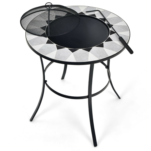 Gymax 23.5'' Round Fire Pit Table Wood Burning Heater W/ Mesh Cover & Fire Poker