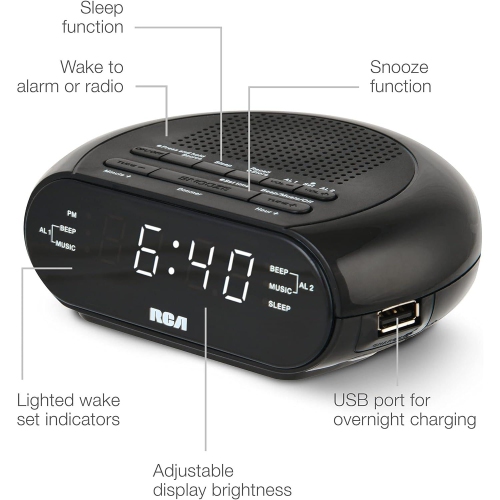 RCA Soothing Sounds Alarm Clock Radio with USB Charging - Black