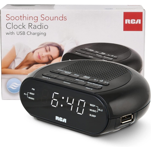 RCA Soothing Sounds Alarm Clock Radio with USB Charging - Black