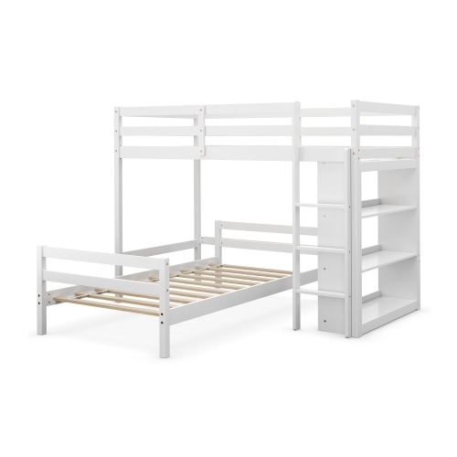 COSTWAY  Twin Over Twin Loft Bunk Bed Wood W/bookcase Guardrail Ladder Kids Bedroom