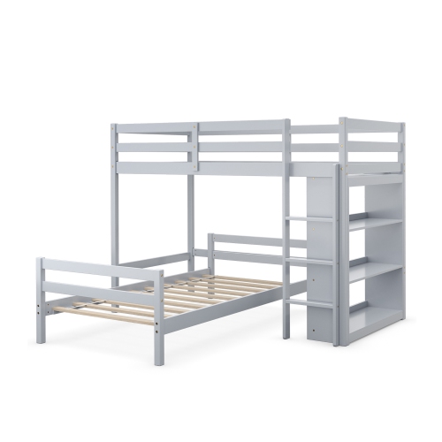 Costway Twin Over Twin Loft Bunk Bed Wood w/Bookcase Guardrail Ladder Kids Bedroom