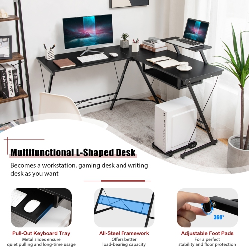 Costway L Shaped Computer Desk Home Office Workstation w/ Movable Monitor Stand