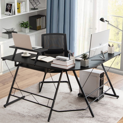Costway L Shaped Computer Desk Home Office Workstation w/ Movable Monitor Stand