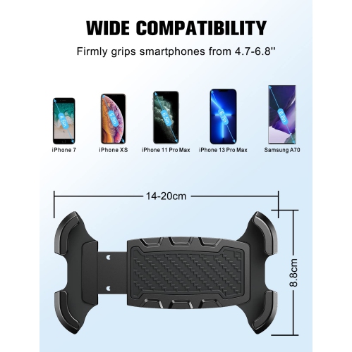 Bike Phone Mount Motorcycle Holder, 360° Rotation, One-Handed Use | Anti-Slip, Vibration-Proof Clamp for iPhone Samsung | Fits 4.7–7.2" Phones on