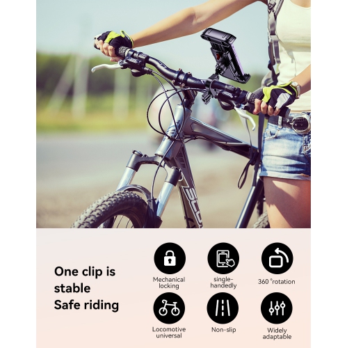 Bike Phone Mount Motorcycle Holder, 360° Rotation, One-Handed Use | Anti-Slip, Vibration-Proof Clamp for iPhone Samsung | Fits 4.7–7.2" Phones on