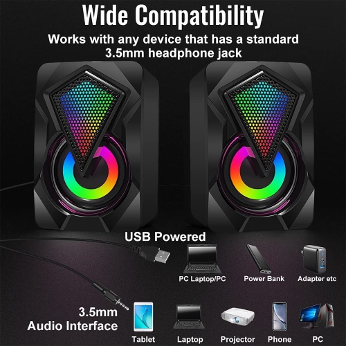 Computer Speakers,Wired PC Speaker 2.0 USB Gaming Powered Stereo Mini Multimedia Volume Control with RGB Lights 3.5mm Aux In