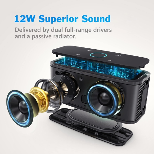 Bluetooth Speaker, DOSS SoundBox Touch Portable Wireless Bluetooth Speaker with 12W HD Sound and Bass, IPX5 Waterproof, 20H