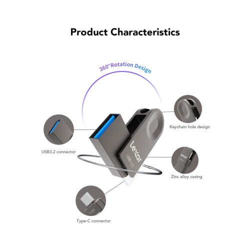 Lexar 128GB USB Stick, USB 3.2 Gen 1 USB A & USB C Flash Drive up to 100MB/s, Type-C Thumb Drive Swivel Design, Jump Drive f