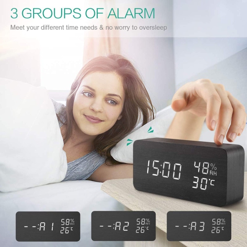 ORIA Digital Alarm Clock, LED Wooden Clock, Wooden Alarm Clock, Voice Control, 3 Alarm Settings, 3 Brightness Adjustable, Te