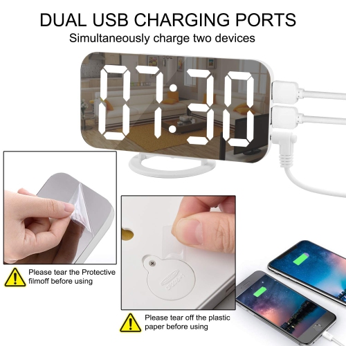 Digital Clock Large Display, LED Electric Alarm Clocks Mirror Surface for Makeup with Diming Mode, 3 Levels Brightness, Dual