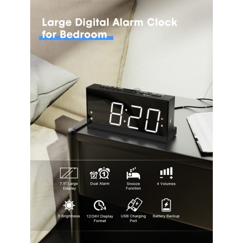 ROCAM Alarm Clocks for Bedrooms, 7" LED Large Display Bedside Digital Clock with USB Phone Charger, Battery Backup,Dimmer, S