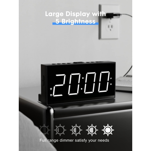 ROCAM Alarm Clocks for Bedrooms, 7" LED Large Display Bedside Digital Clock with USB Phone Charger, Battery Backup,Dimmer, S