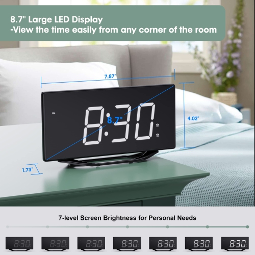 Horloge numérique grand écran pour chambre à coucher, radio-réveil DEL double de 8.7 po avec gradateur à 7 niveaux, 2 chargeurs de téléphone USB,